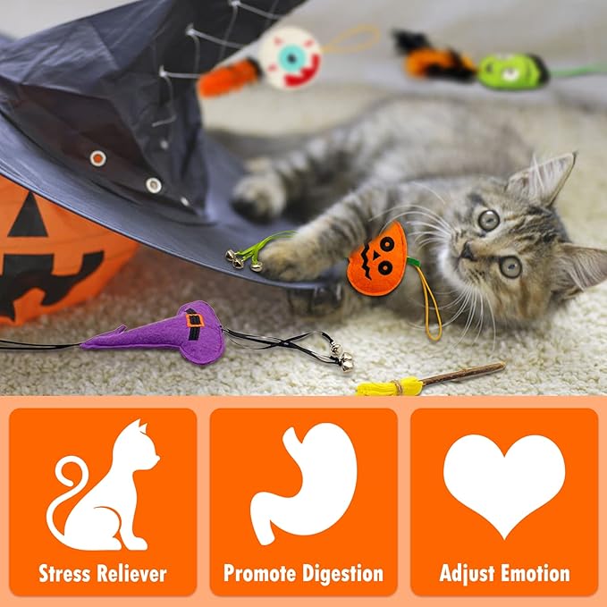 Halloween Cat Toys for Indoor Cats, 4Pcs Catnip Toys with 1 Natural Silvervine Stick, Halloween Interactive Cat Toys with Feather and Bells for Indoor Cats & Kitten & Kitty