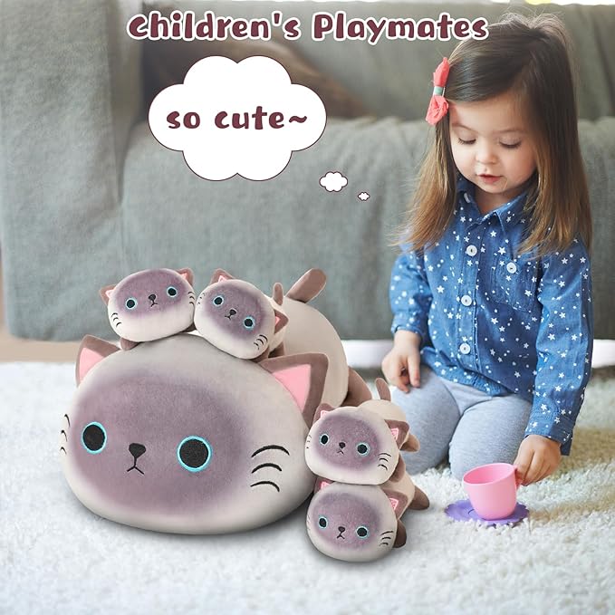 Siamese Cat Plush Cute Siamese Cat Stuffed Animal Pillow with 4 Baby Plushies in Her Tummy, Soft Cotton Stuffed Animals Toy Gifts for Kids