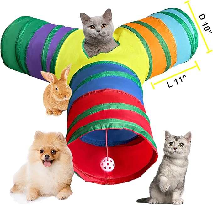 Cat Tunnel Tube Toys, Rainbow Tunnels for Indoor Cats, 3 Way Collapsible Interactive Toy Maze House with Peek Holes Dangling Ball for Rabbit, Kitten, Kitty, Puppy
