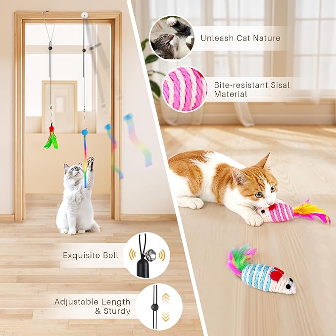 HONGDDY Cat Toys, 14Pcs 4 in 1 Indoor Adult Cat Interactive Toys, Hanging Door Kitten Wand Toys with Suction Cup Removable Feathers Balls Mice Butterfly Streamers