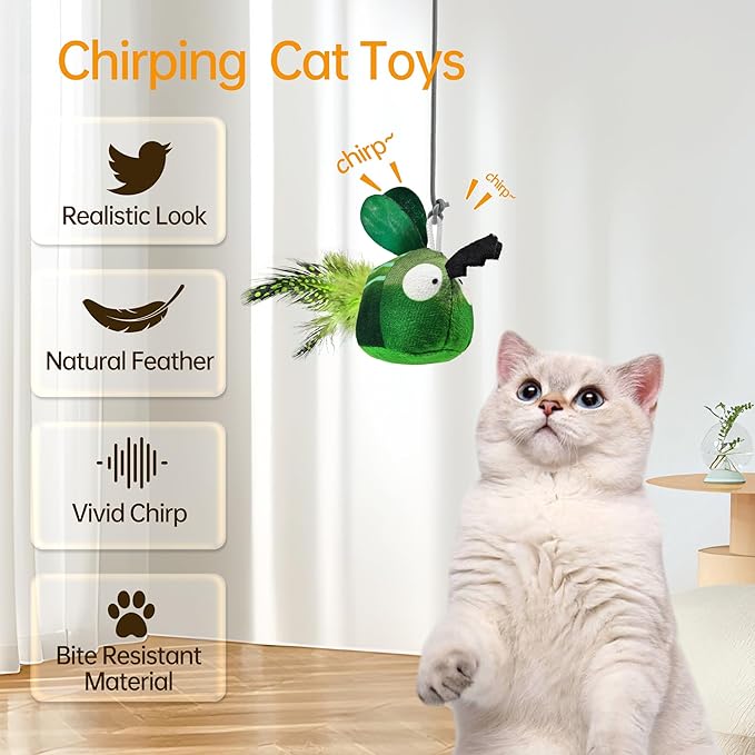 Chirping Cat Toys Hanging Cat Feather Toy - Catnip Interactive Cat Toys for Indoor Cats - Automatic Cat Toy for Cat Exercise & Kicker to Self Play (Blue Pangpang)