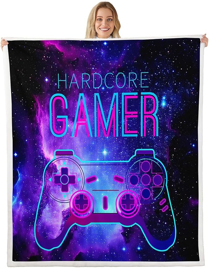Feelyou Gaming Throw Blanket Boys Gamer Galaxy Sherpa Blanket for Bed Sofa Couch Decor Kids Video Game Gamepad Fleece Throw Blankets Girls Super Soft Warm Plush Blanket King 87"x95"