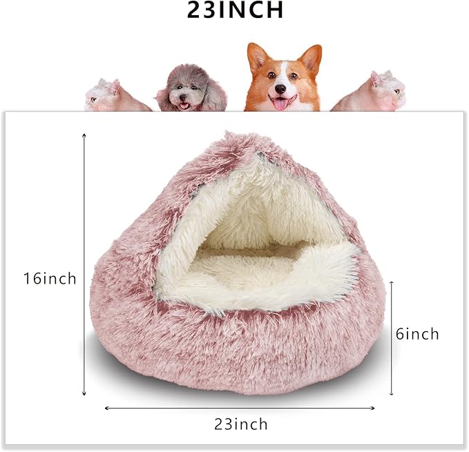 ShinHye Cat Bed Round Plush Fluffy Hooded Cat Bed Cave, Cozy for Indoor Cats or Small Dog beds, Soothing Pet Beds Doughnut Calm Anti-nxiety Dog Bed - Waterproof Bottom Washable, (23×23inch, Pink)