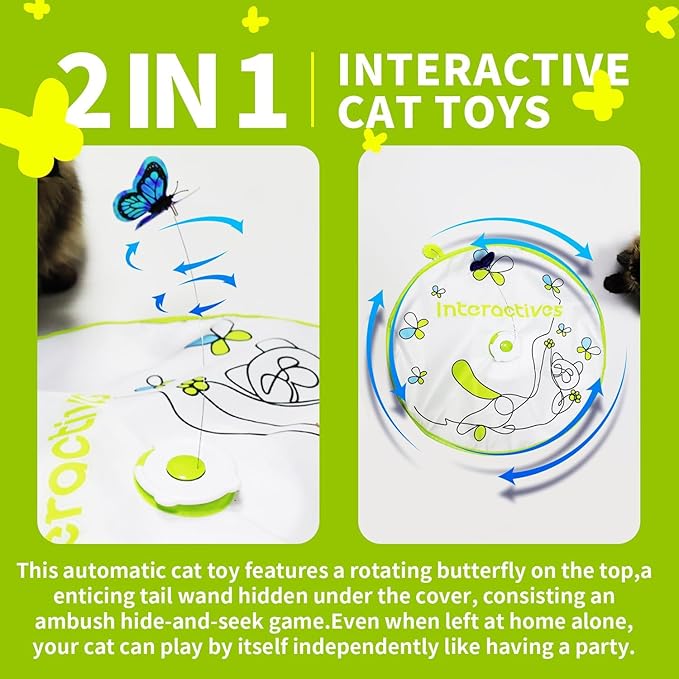 ALL FOR PAWS Interactive Cat Toy,3 in 1 Hide and Seek Cat Wand Toy, Fluttering Butterfly Cat Toy, Cat Toys Interactive for Indoor Cats, Kitten Supplies