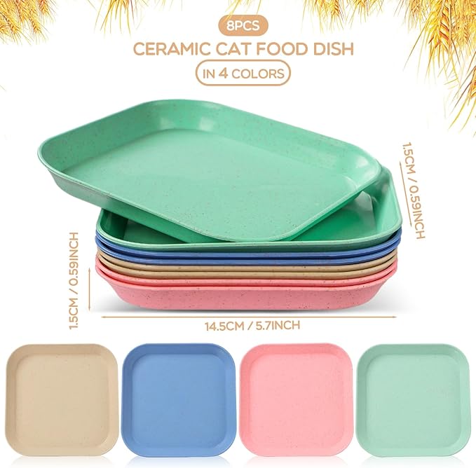 8 Pieces Whisker Fatigue Cat Bowls, 6 Inch Shallow Cat Food Dish Wide Cat Wet Feeding Bowls, Wheat Straw Pet Plate for Kittens and Short Legged Cat