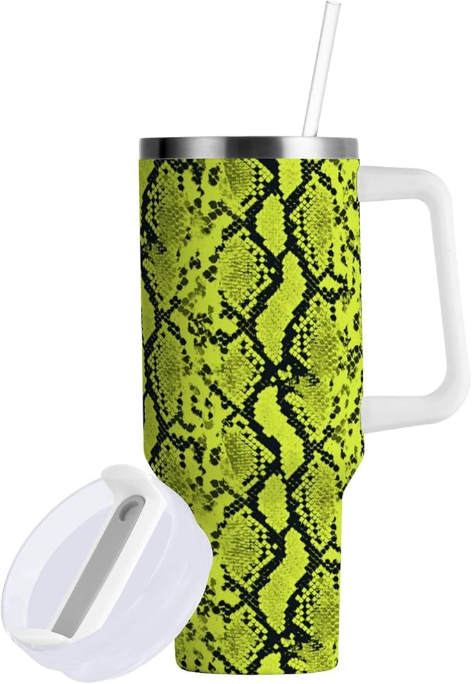 Boccsty Neon Green Snakeskin Insulated Tumblers Reusable Stainless Steel Tumbler 40 oz Cup Coffee Travel Mug Water Bottle with Handle & Flip Straw for Home Office Car