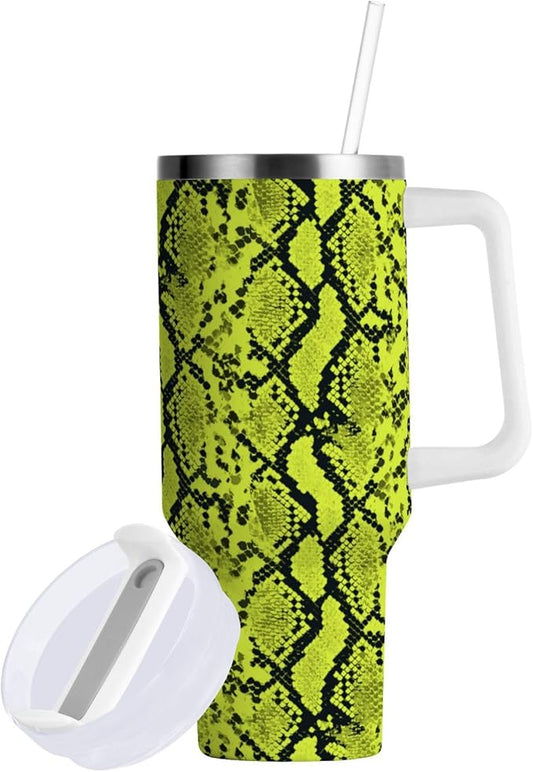 Boccsty Neon Green Snakeskin Insulated Tumblers Reusable Stainless Steel Tumbler 30 oz Cup Coffee Travel Mug Water Bottle with Handle & Flip Straw for Home Office Car