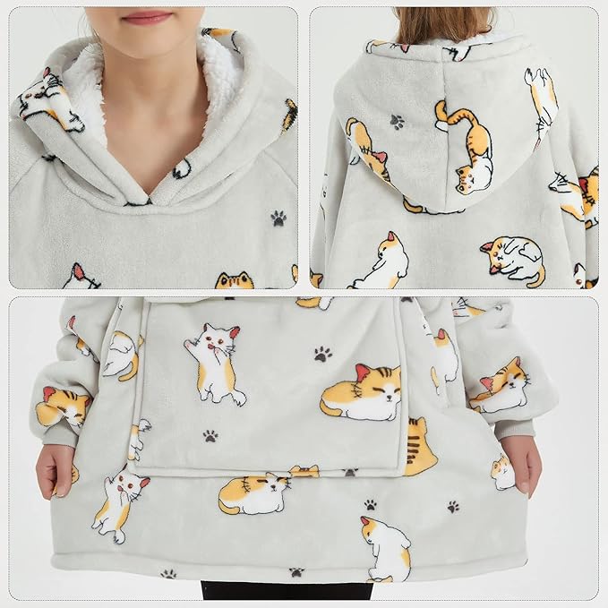 KFUBUO Wearable Blanket Hoodie for Kids Sherpa Patterns Oversized Sweatshirt Blanket With Pocket 6-10 Year Old Girl Boy Birthday Gifts Cat