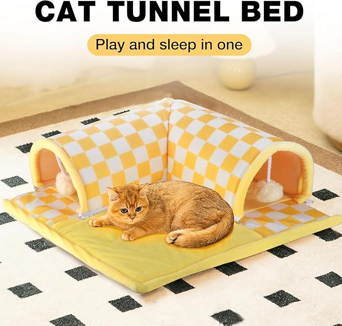 Cat Tunnel Bed with Fluffy Toy Balls, Small Cushion and Flexible Design Removable Cat Cave Tube for Small Medium Large Cat,Puppy,Rabbit,Ferret