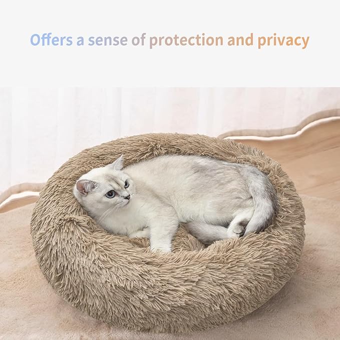 Dog Bed for Indoor, Faux Fur Calming Dog & Cat Bed 24' Anti-Anxiety Donut Soft Plush Cushion for Small Medium Dogs & Cats with Slip-Resistant Bottom(Khaki)
