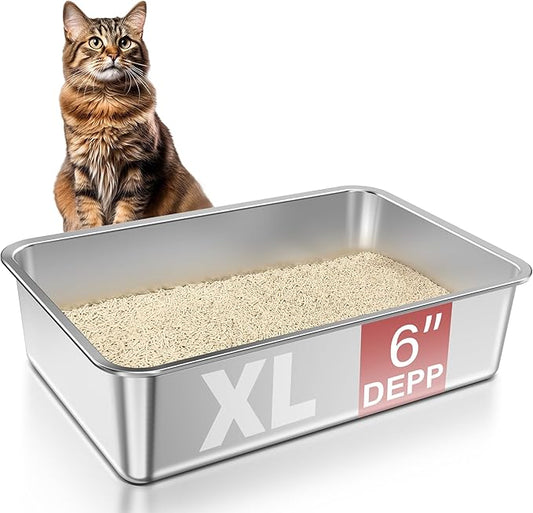 1Pack 23.6" x 16" x 6" Deep&Extra Large Stainless Steel Cat Litter Box, High Sides Metal Cat Litter Box for Multi-Cats Big Cats XL Metal Litter Pan Tray, Non-Sticky, Easy Cleaning