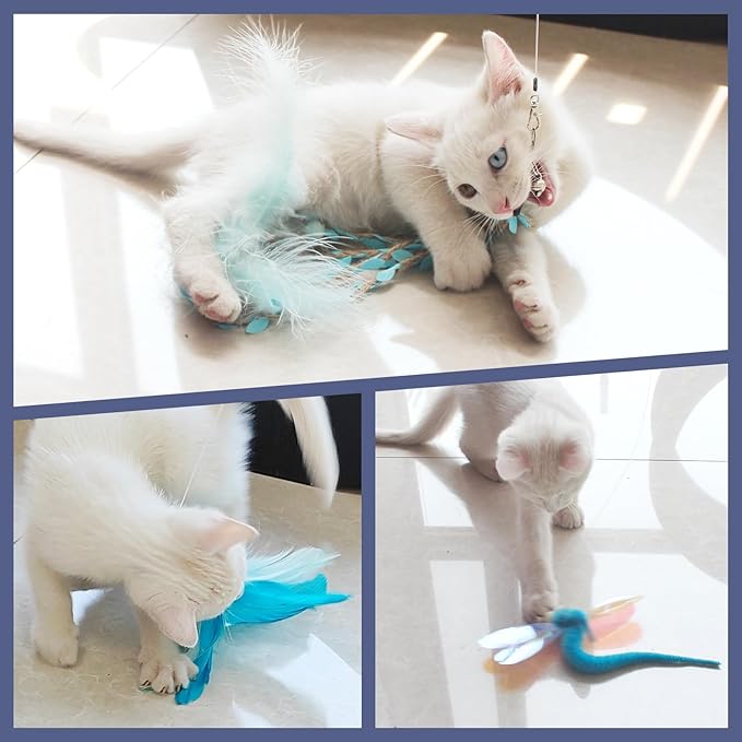 SONGWAY Cat Wand Toys for Indoor Cats - Cat Feather Toys with Retractable Cat Stick and 6 PCS Fairy Cat Teaser Toy Refills, Butterfly Tassel Plush Cat Toys Interactive, Blue