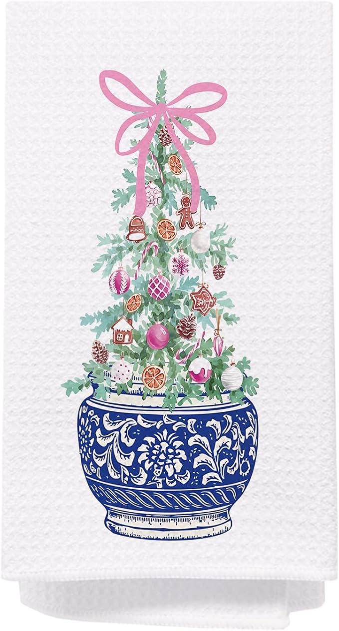 SPBL&L Chinoiserie Christmas Kitchen Towels, Pink Bow Christmas Tree Hand Towels for Bathroom, Blue and White Porcelain Chinoiserie Christmas Dish Towels, Christmas Kitchen Bathroom Decor, 16x24 Inch