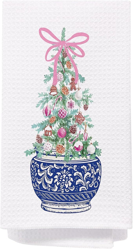 SPBL&L Chinoiserie Christmas Kitchen Towels, Pink Bow Christmas Tree Hand Towels for Bathroom, Blue and White Porcelain Chinoiserie Christmas Dish Towels, Christmas Kitchen Bathroom Decor, 16x24 Inch