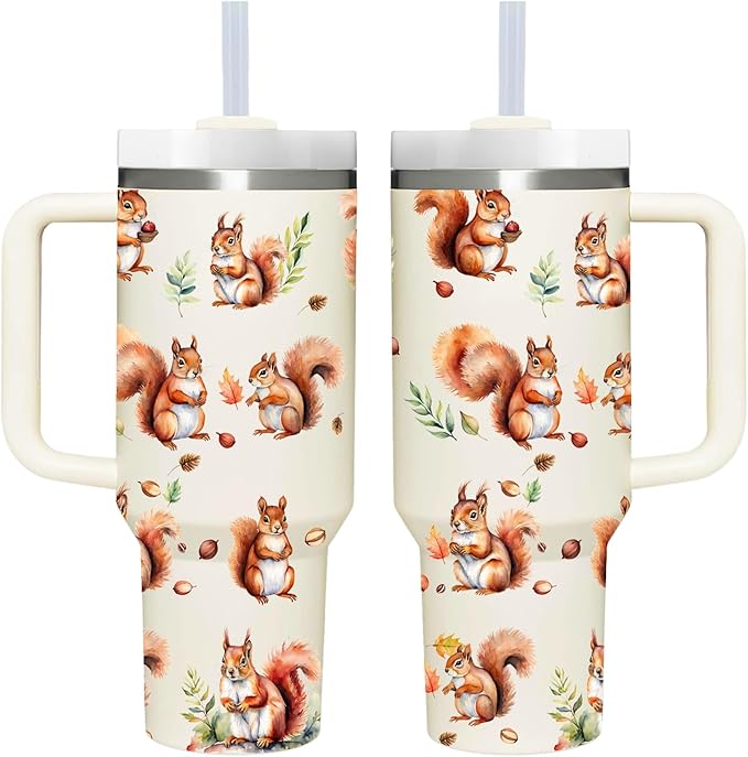 AMZUShome 40 OZ Squirrel Tumbler with Handle.Squirrel Lover Gifts.Unique Birthday Christmas Gifts for Squirrel Lover.Personalized 40 OZ Squirrel Tumbler Gifts for Women Men.