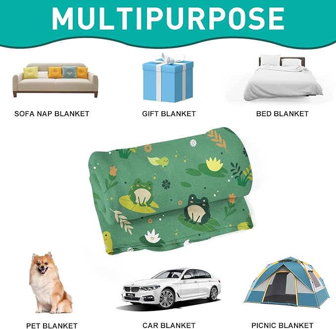 Cute Frogs Soft Flannel Lightweight Throw Blanket for Kids - All Season Cartoon Animal Blanket for Sofa, Couch, Bed - Decorative - 50x60 Inch