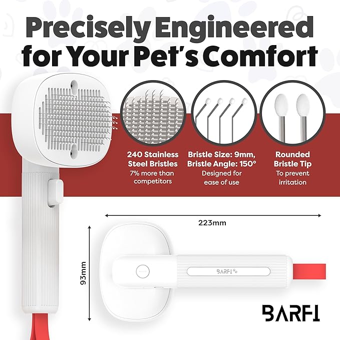 BARFI Pet Brush - Self-Cleaning Pet, Cat, Dog Shedding Brush - Multi-Functional Grooming Tool with Negative Ion Technology, Vibrating Massager, Wood's Lamp (White) - Free Pet Bowl