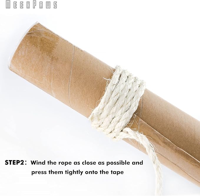 MEEXPAWS Natural Strong Sisal Rope Replacement for Cat Scratching Posts | Adhesive Tapes for Winding Easy & Tight | 1/4 “ Diameter | Brown | 164FT