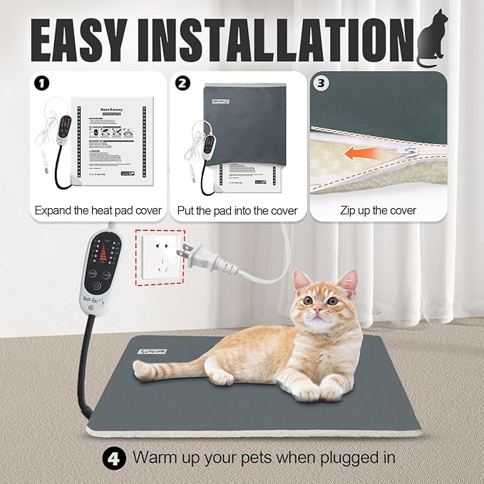 Rest-Eazzzy Cat Heating Pad, Cat Bed with Removable Cover Heated Cat Bed 5 Level Timer and 5 Level Temperature, Cat Beds for Indoor Warming Mat for Cat Dog (Heat pad, Pure-Grey,2pcs)