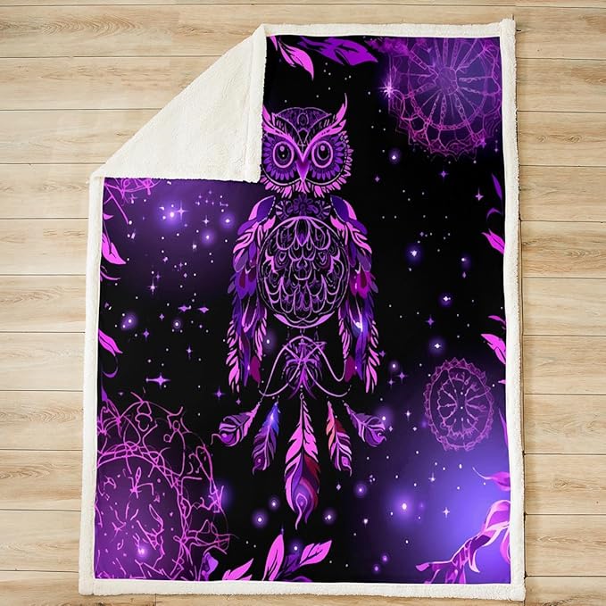 Dreamcatcher Sherpa Blanket Boho Dream Catcher Owl Fleece Throw Blanket Bohemian Exotic Mandala Plush for Sofa Bed Couch Room Decor Chic Purple Galaxy Fuzzy King 87"x95"