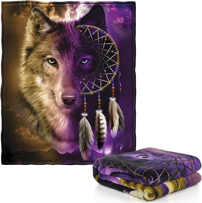 Dawhud Direct Wolf Dreamcatcher Fleece Blanket - 50x60 Inches Soft Plush Throw for Kids and Adults - Cozy Wolf Blanket for Bed, Couch, or Outdoor Use - Machine Washable, Warm Wolf-Themed Decor