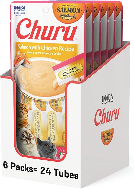 INABA Churu Cat Treats, Lickable, Squeezable Creamy Purée Cat Treat with Green Tea Extract & Taurine, 0.5 Ounces Each Tube, 24 Tubes (4 per Pack), Salmon with Chicken Recipe