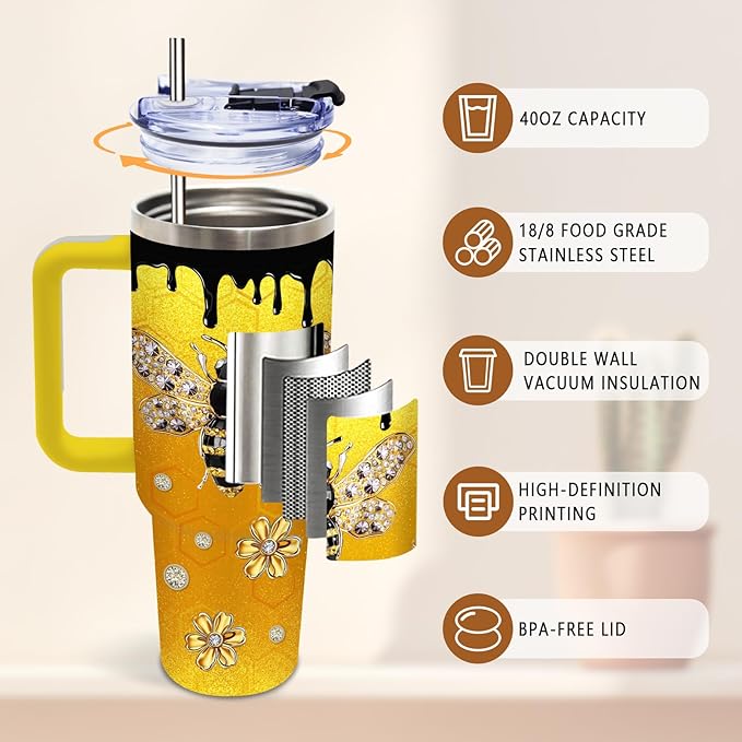 Bee Tumbler 40 Oz, Stainless Steel Insulated Mug with Glitter Accents, Empowering Bee Gifts for Women, Suitable for Nature Lovers, Feminine and Luxurious Gift for Her