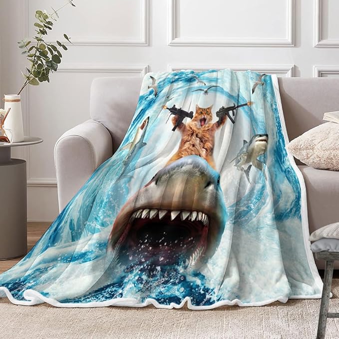 Funny Kids' Ocean-Themed Throw Blanket - Adorable Cool Cat Riding a Shark on Blue Ocean Fleece, Ultra Soft and Lightweight, Perfect for Couch, Bed, or Car, Cozy Decorative Blanket for Boys and Girls