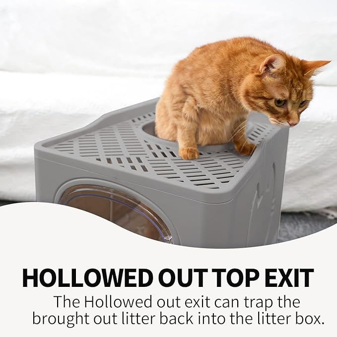 All for Paws Foldable Cat Litter Box Mess Proof Enclosed Litter Box for Large Cats Top Entry, Cat Toilet 2 Ways Out with Handy Litter Scoop, Hold Cats Under 20LBS (Grey)