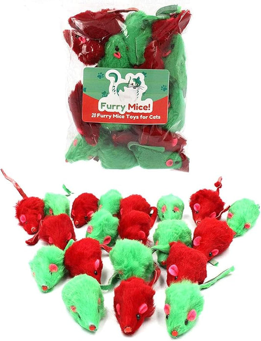 20 Christmas Holiday Mice with Catnip and Rattle Sound Made of Real Rabbit Fur Interactive Catch Play Mouse Toy for Cat, Pack of 20 Mice