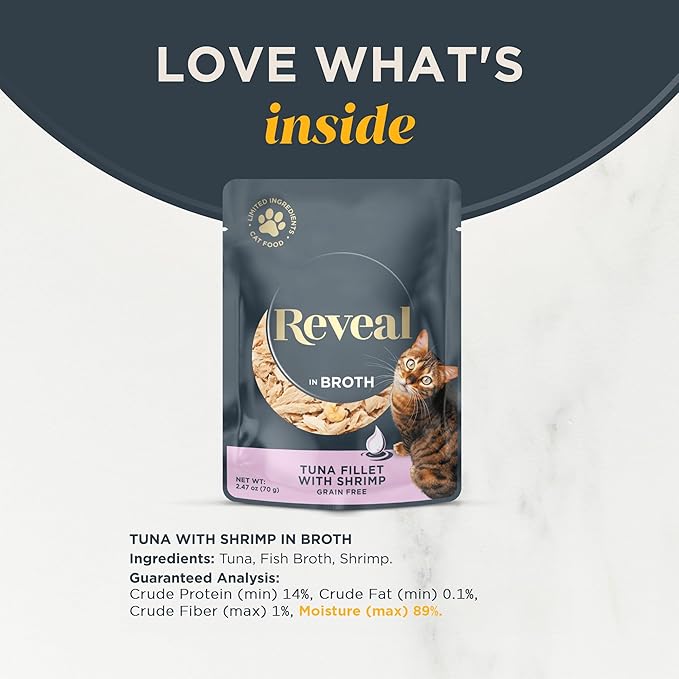 Reveal Natural Wet Cat Food, 12 Count, Grain Free, Limited Ingredient Cat Food Pouches, Tuna with Shrimp in Broth, 2.47 oz Pouches