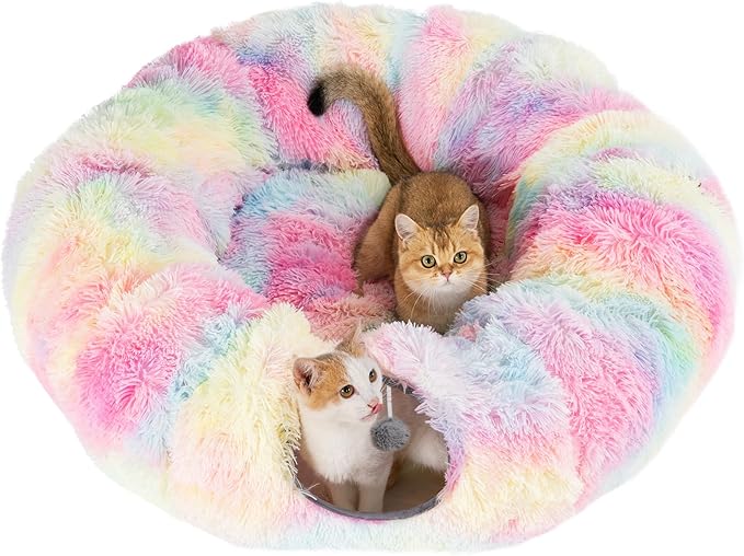 Avont Cat Tunnel Bed with Central Washable Cushion - Large Cat Tunnel Tube Toys 3 Shape to Play for Indoor Cats Kittens Puppies Ferret, Round Plush Fluffy Cat Bed with Tunnels -Rainbow