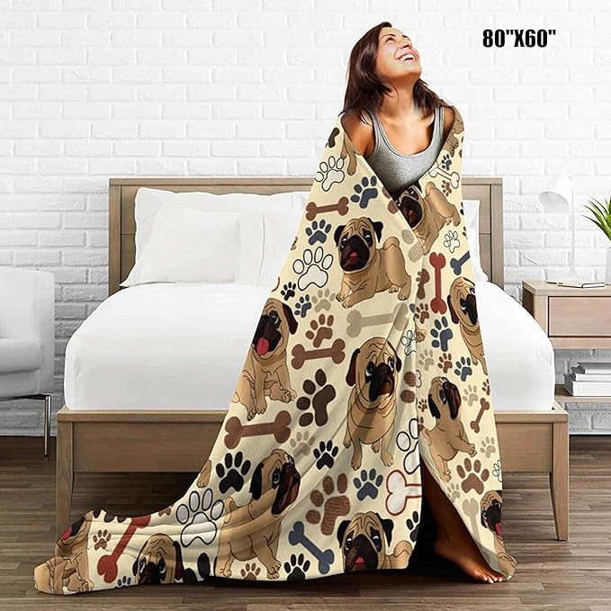 Pug Blanket Warm Fuzzy Throw Blanket Ultra Soft Bedding for Bedroom Living Room Sofa Couch Kids Adults Gifts for Pug Lovers 80"x60"