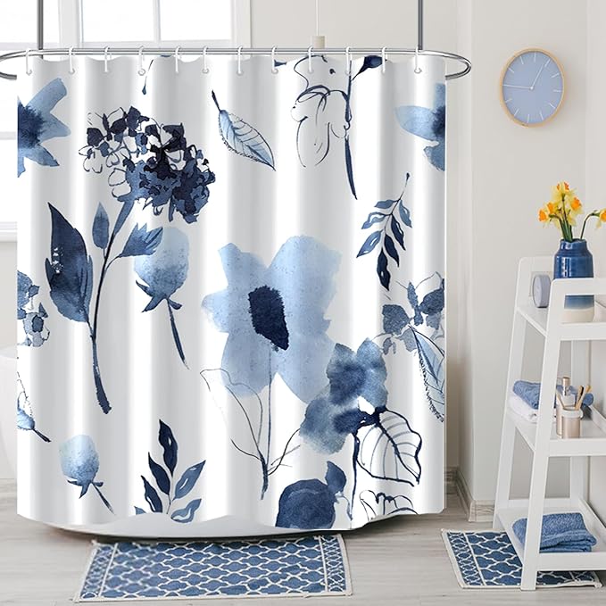 AWERT Blue Floral Shower Curtain - Watercolor Ink Flowers with Hooks - Waterproof Fabric - Bathroom Decor - 72x72inch