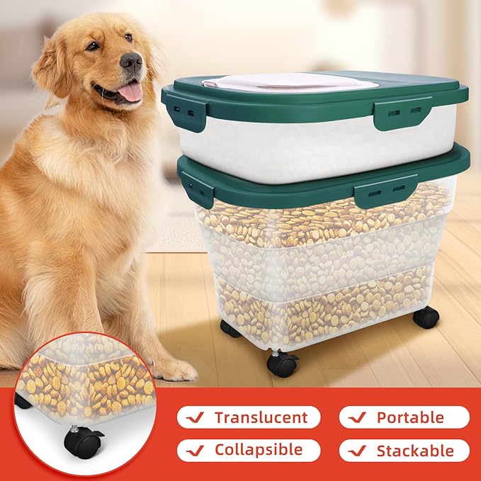 Airtight Dog Food Storage, Collapsible Pet Food Container 17-20 lb with Castors, Plastic Dog Food Bin with Pet Food Scoop & Measuring Cup for Dry Food Storage(green)