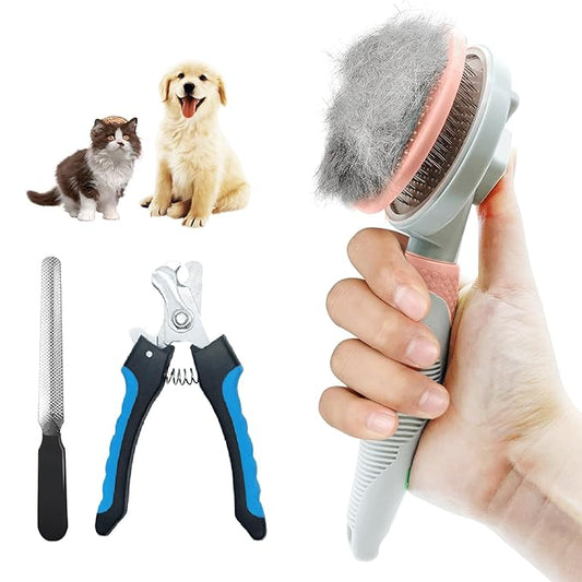 3PCS Grooming Kit: Self-Cleaning Slicker Brush, Nail Clipper & File for Indoor Cats and Dogs (Pink)