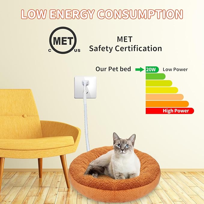 Heated Cat Beds for Indoor Cats Warming Cat Beds Super Soft Machine Washable Thermo Kitty Electric Heating Bed 19 Inches Round