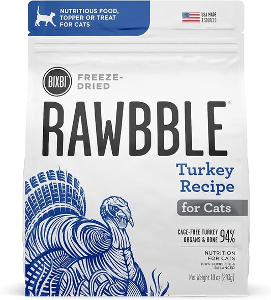 BIXBI Rawbble Freeze Dried Cat Food, Turkey Recipe, 3.5 oz - 94% Meat and Organs, No Fillers - Pantry-Friendly Raw Cat Food for Meal, Treat or Food Topper - USA Made in Small Batches