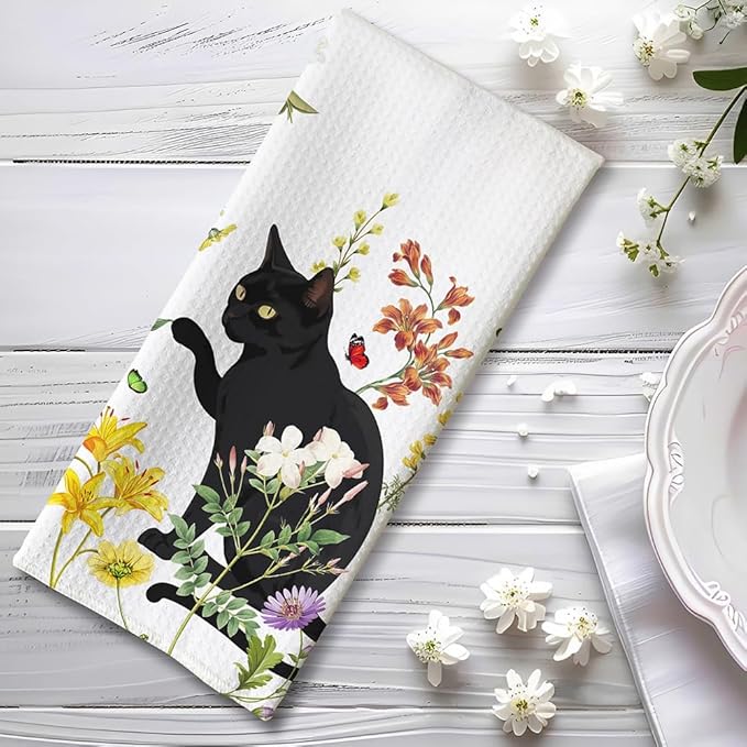 Cat Towel,Floral Kitchen Towels,Cat Kitchen Towels,Cat Dish Towels,Cat Hand Towel,Funny Kitchen Towels,Black Cat Gifts for Women,Cat Kitchen Accessories,Cat Lady Gifts,Gifts for Cat Lovers for Women
