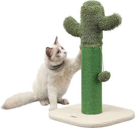 CTR1000A Pecos 21" Modern Jute Cactus Cat Scratching Post with Fuzzy Toy, Green/White