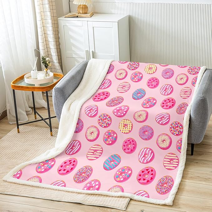 Feelyou Girls Donuts Blanket Pink Chocolate Doughnut Throw Blanket Whimsical Dessert Fleece Blanket for Couch Bed Sofa Decor Bright Kawaii Food Sherpa Blanket Fuzzy Blanket Twin 60"x80"