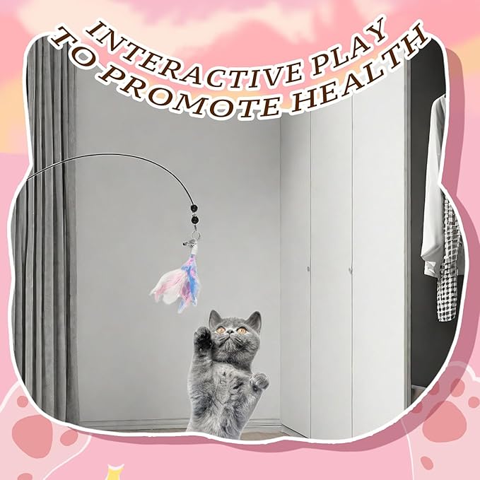 BOROLA 3 PCS Cat Feather Teaser Replacement Heads, Cat Wand Replacement Feathers with Bell, Interactive Cat Toy Attachments for Indoor Cats, DIY Cat Accessories(White, Black, Multi-Colored)