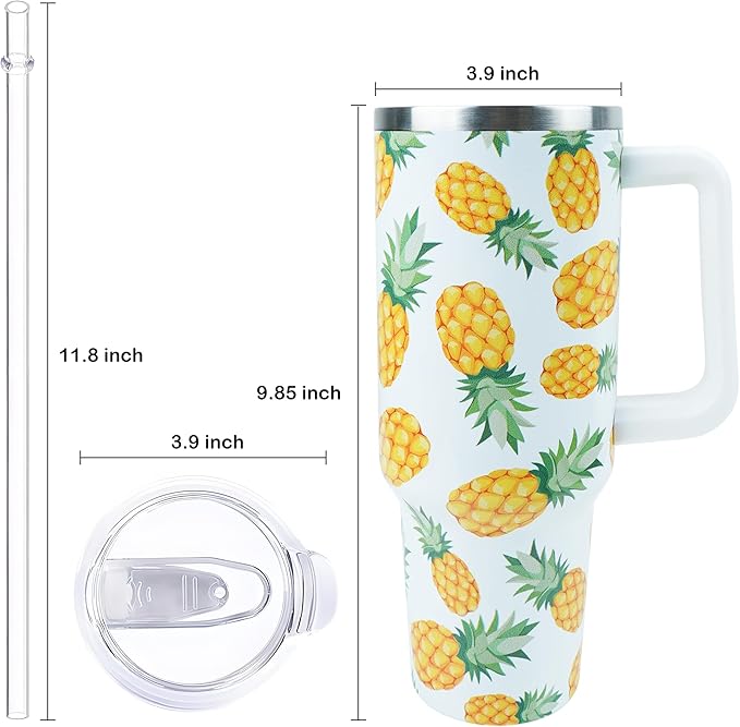 40 oz Tumbler with Handle and Straw, Stainless Steel Insulated Cup with Leak Proof Lid and Straw Lid, Keep Drinks Cold and Hot for Hours(Pineapple)