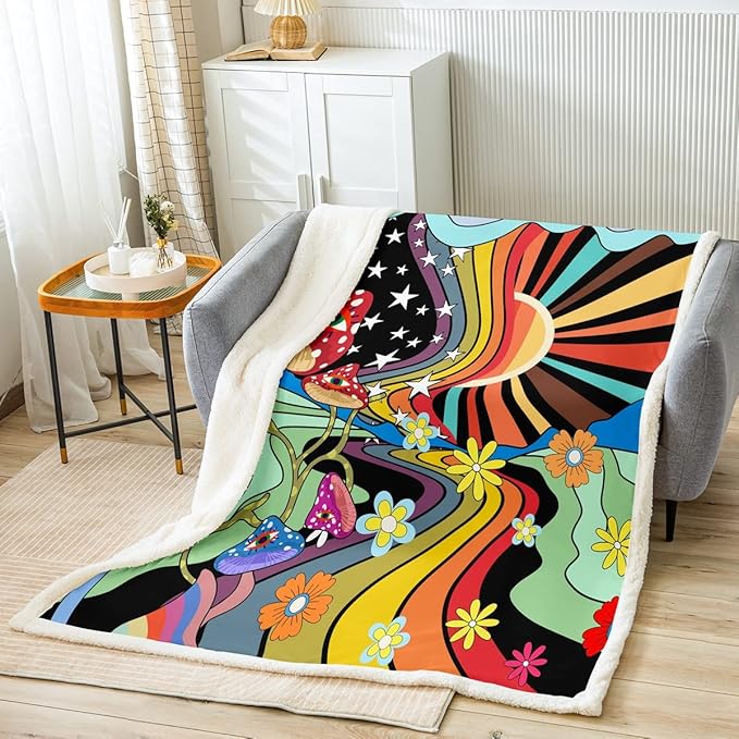 Erosebridal Trippy Mushroom Sherpa Throw - Groovy Floral Rainbow Striped Blanket for Chair, Hippie Boho Eye Fleece Queen Size Starry Night Flannel 70s Theme Decor