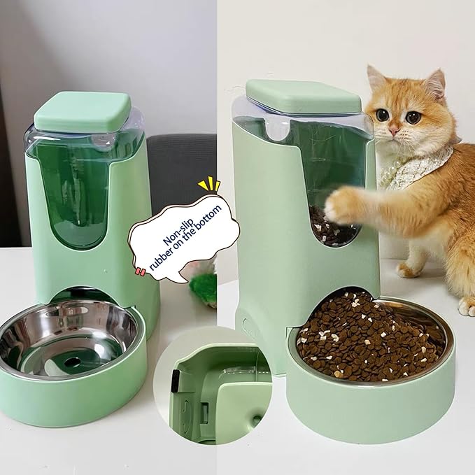 Pets Automatic Gravity Feeder Dogs 2.8L Food & 4L Water Dispenser Set with Stainless Steel Bowl for Small Medium Big Puppy Kitten(Light Green)