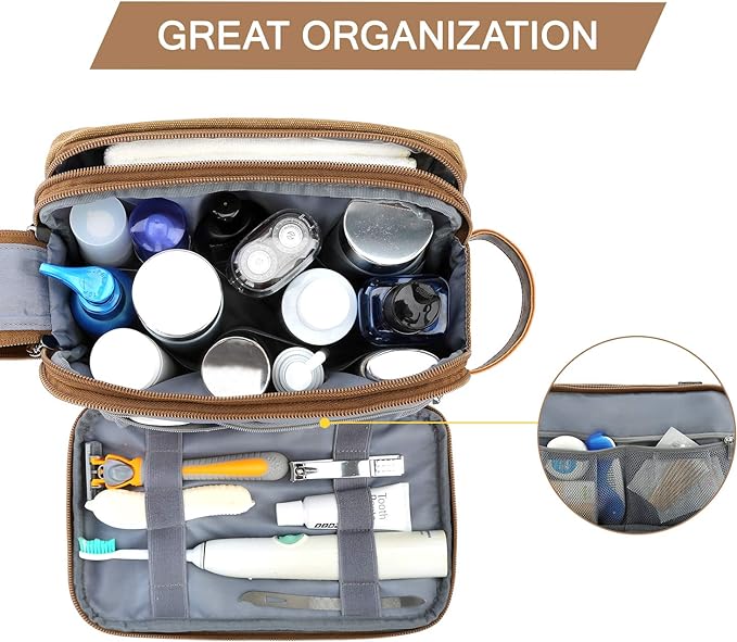 BAGSMART Toiletry Bag for Men, Canvas Travel Toiletry Organizer Dopp Kit Water-resistant Shaving Bag for Toiletries Accessories,Khaki-Medium