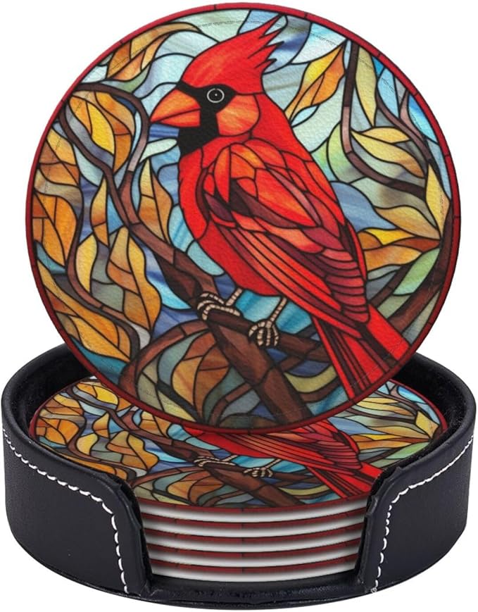 Cardinal Drink Coaster Set of 6, Cardinal Decor Gifts, Leather Drink Coasters with Holder, 6 Pack Cup/Bar/Drink Coasters for Table/Drinks/Coffee Protection Housewarming Gift