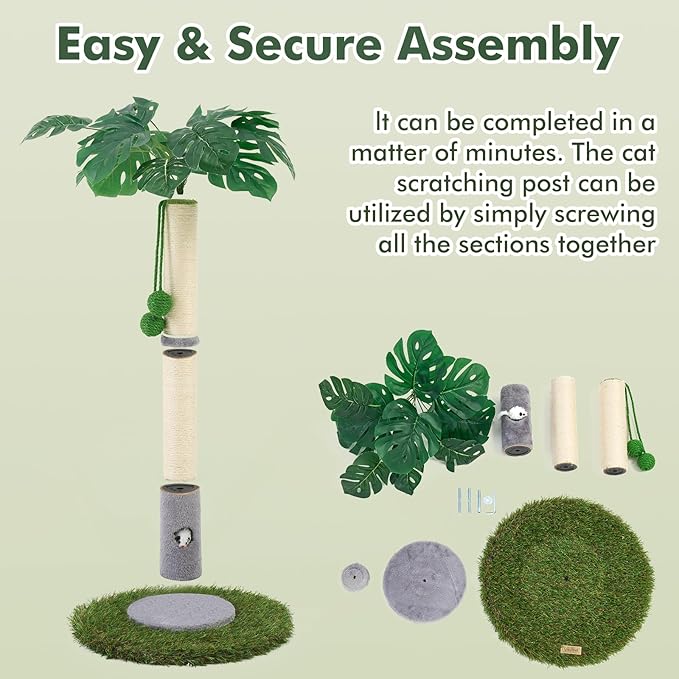 Cat Scratching Posts for All Cats with Hanging Ball and Sisal Rope Cat Toy, Simple Design - for Larger Cats - 35.43" Tall,Wooden Palm Tree Premium Basics Cat Toys Kitten（Grey