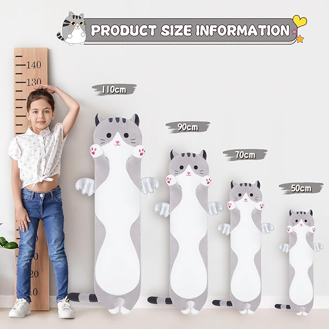 Long Cat Plush Body Pillow, Cute Cat Plush Toy Pillows with Wings, Stuffed Animals Kitten Soft Plushies Gifts for Kids Girls Girlfriend(Grey, 27.6in/70cm)
