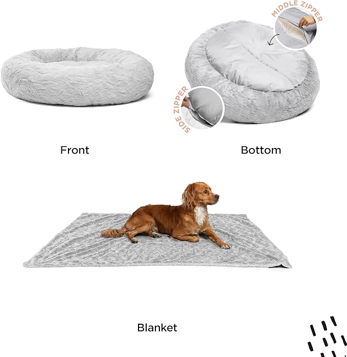 Best Friends by Sheri Bundle Set The Original Calming Lux Donut Cuddler Cat and Dog Bed + Pet Throw Blanket Gray Large 36" x 36"